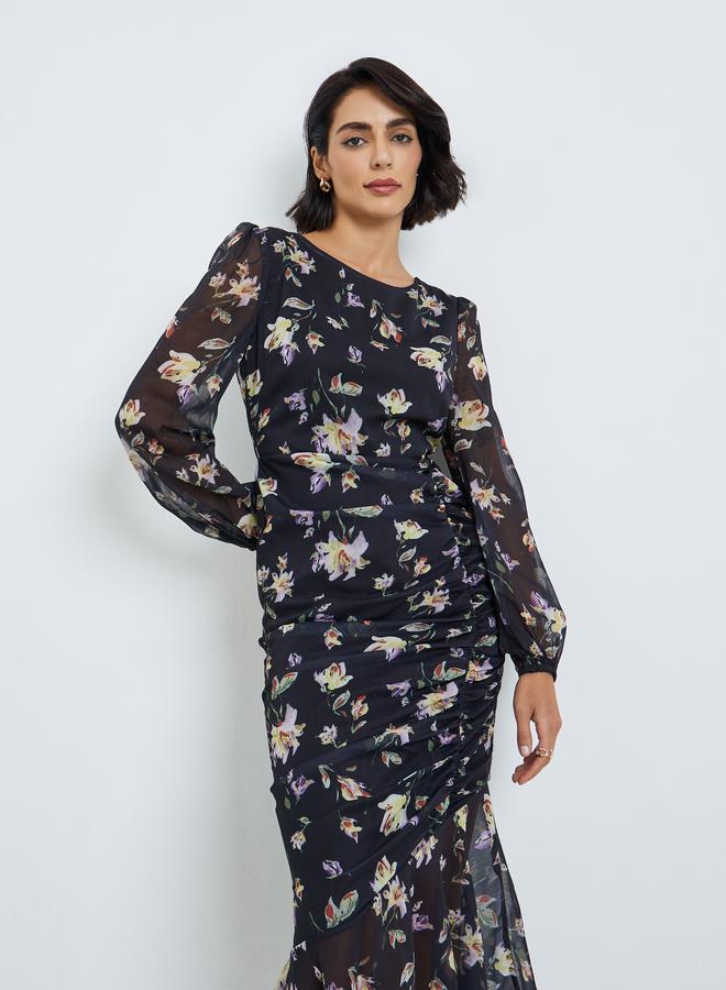 Women Floral Print Ruffled Hem Maxi Dress
